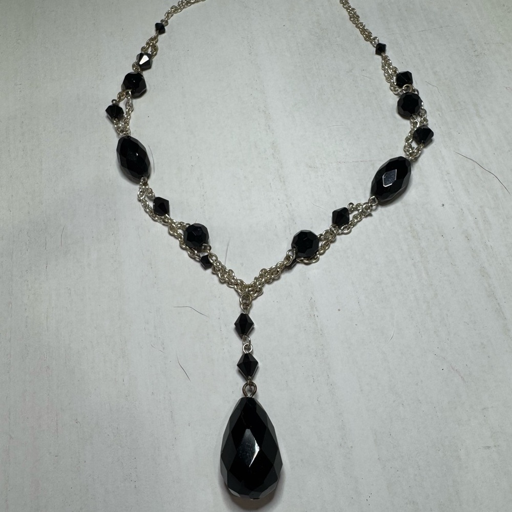 White House Black Market black onyx and sterling silver drop necklace. Worn once